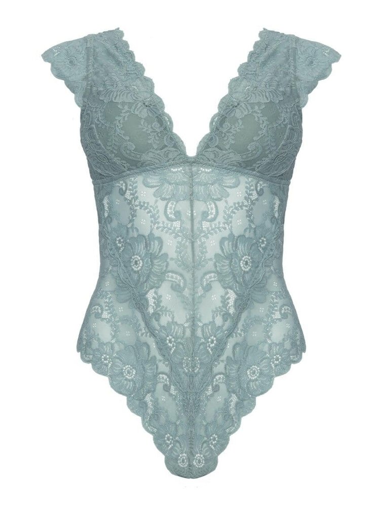 Dusty turquoise floral lace semi-sheer teddy with scalloped lace sleeves, v-plunge chest, keyhole back. Sensual Sinsations