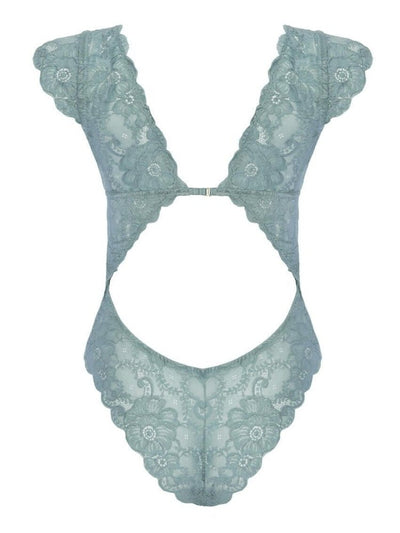 Dusty turquoise floral lace semi-sheer teddy with scalloped lace sleeves, v-plunge chest, keyhole back. Sensual Sinsations