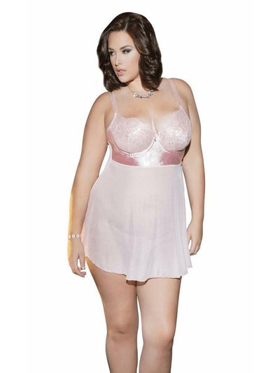 Light pink plus size satin lace and mesh babydoll with matching panty lingerie