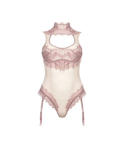 Mauve and nude mesh and eyelash floral lace teddy. Bridal lingerie. Plus size lingerie