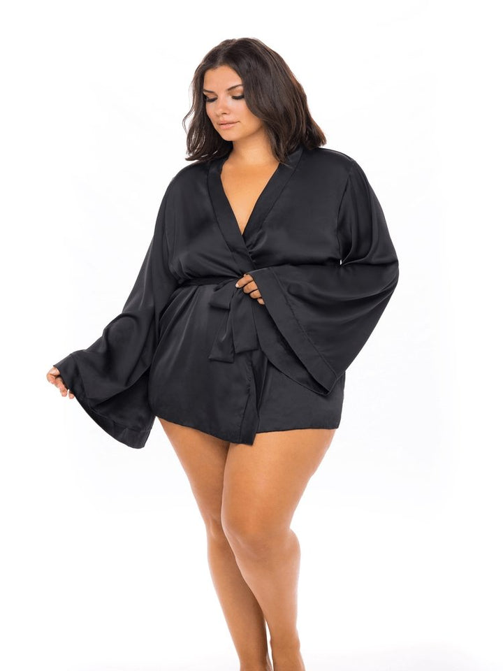 Plus Size Black Satin Affair Robe - Sensual Sinsations