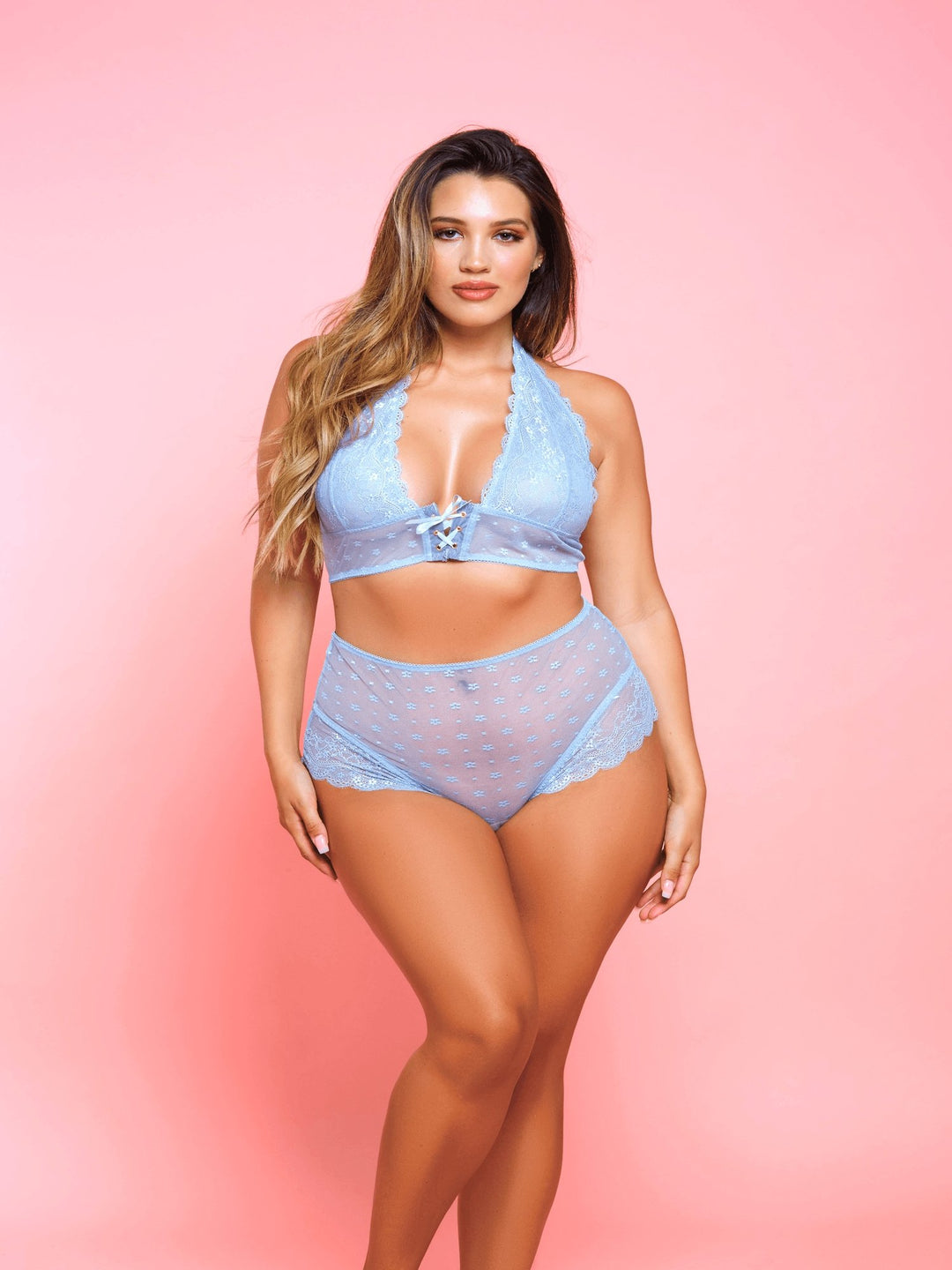 Plus sizes light blue 2 piece net and floral lace daisy detail bralette and high waist panty set