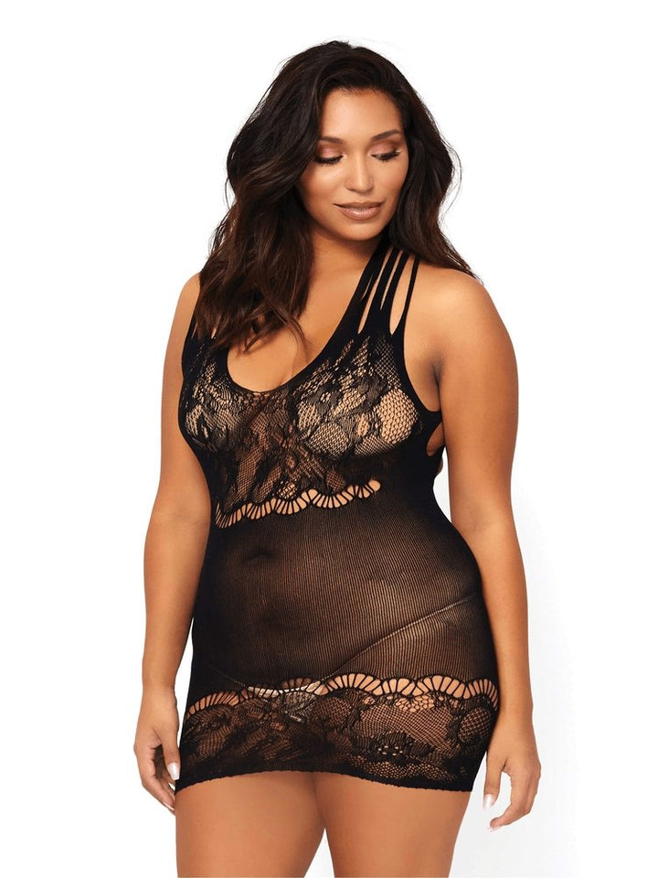 Plus size floral lace and net mini dress with strappy back