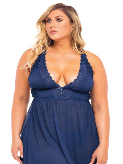 Estate blue plus size floral lace and semi sheer mesh empire waist babydoll and thong panty