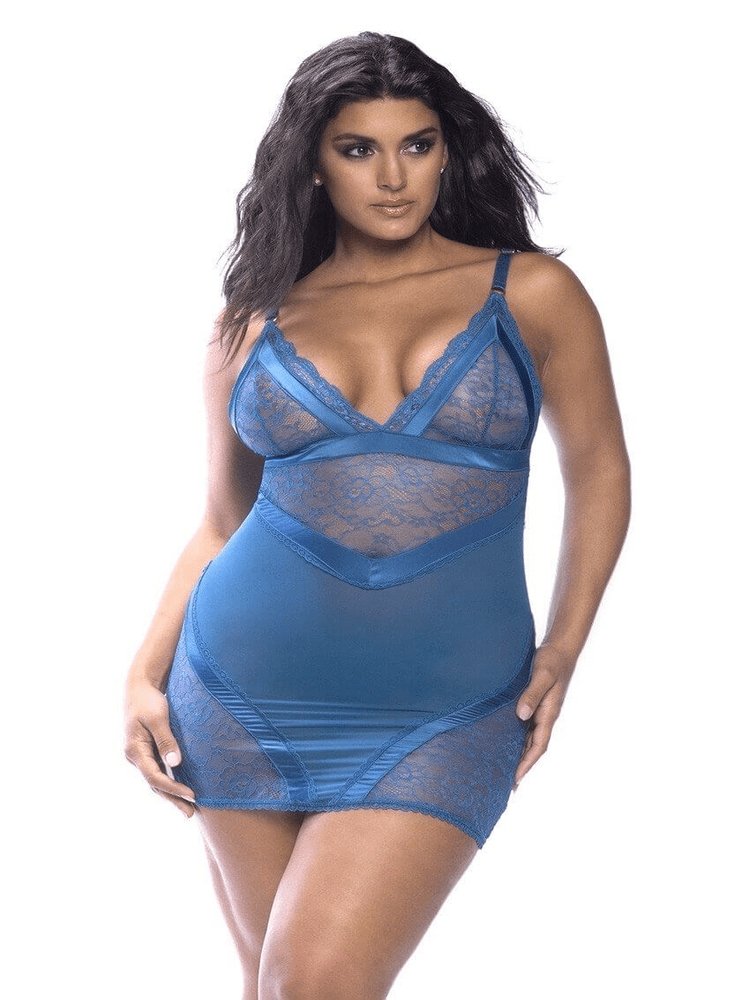 Plus size jewel blue turquoise satin and lace chemise with thong panty