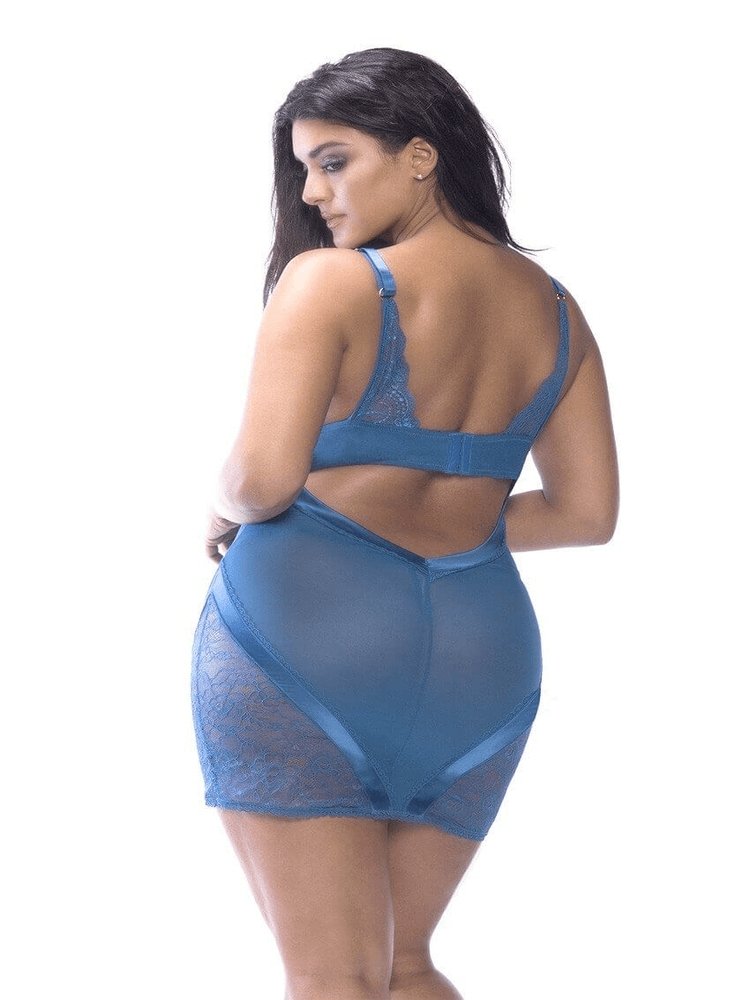 Plus size jewel blue turquoise satin and lace chemise with thong panty
