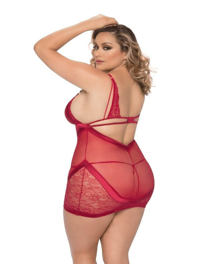 Plus size red satin and lace chemise with thong panty