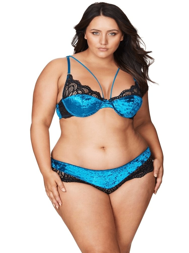 Turquoise and black lace and velvet plus size lingerie two piece set