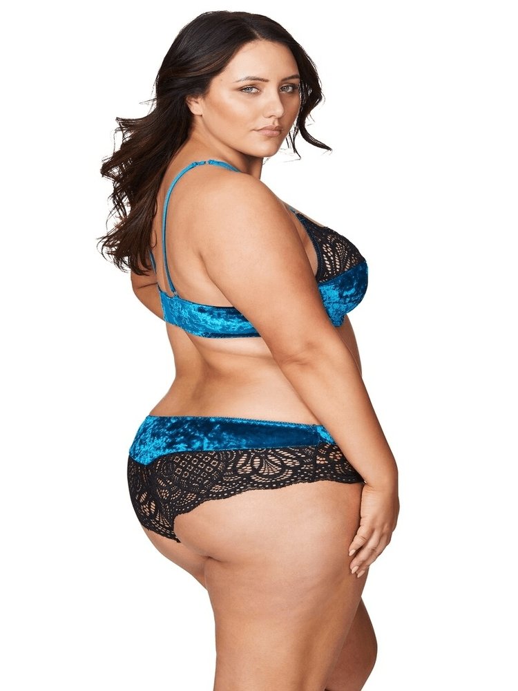 Turquoise and black lace and velvet plus size lingerie two piece set