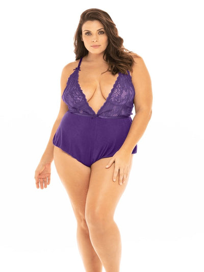 Plus size purple plunging pajama romper lace and jersey knit. 