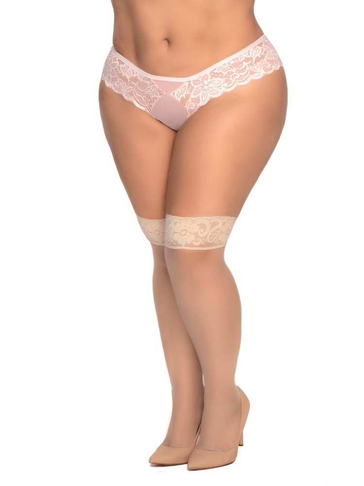Plus size sheer nude mesh and floral lace top silicon lined thigh highs