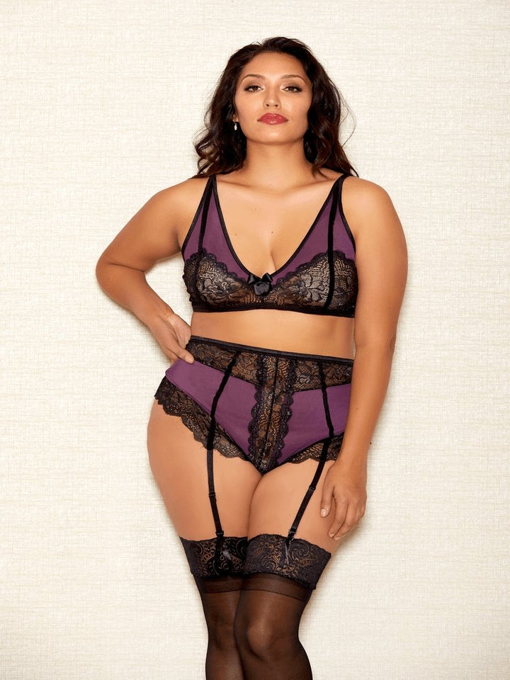 Plus size purple mesh and black floral lace 2 piece bra and high waist panty set with garter straps.