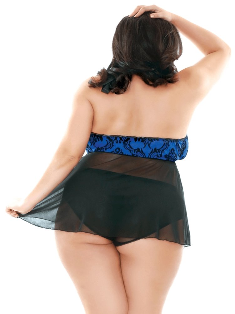 Black and sapphire blue sheer mesh halter neck plus size babydoll with matching full bottom panty