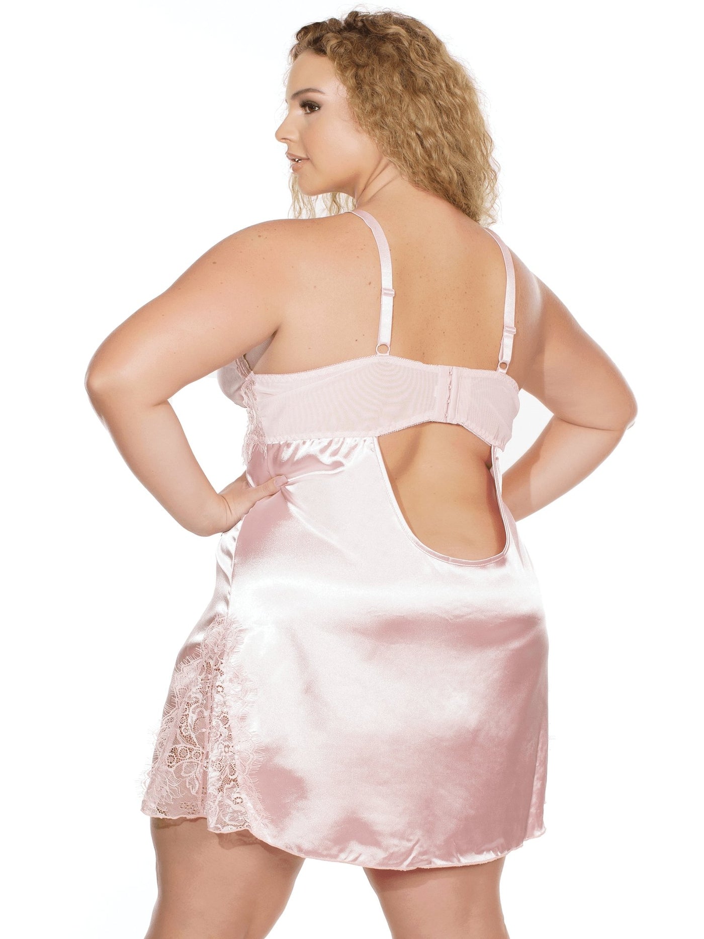 Plus size rose dust pink satin and sheer floral lace chemise