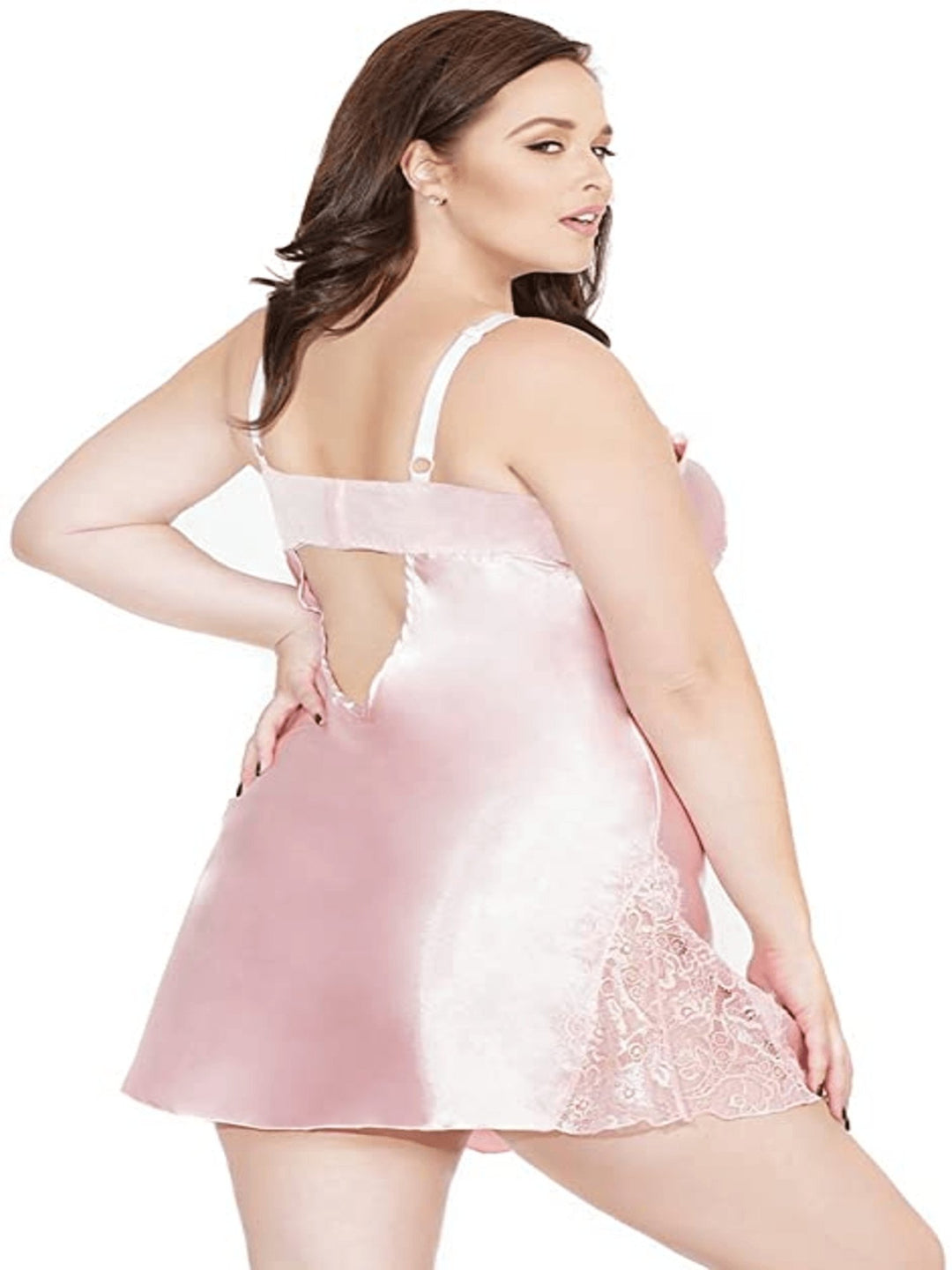 Plus size rose dust pink satin and sheer floral lace chemise