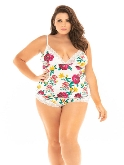 Plus size bright floral print microfiber and lace cami and shorts pajama lingerie set