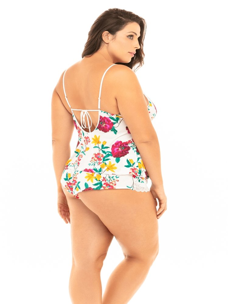 Plus size bright floral print microfiber and lace cami and shorts pajama lingerie set