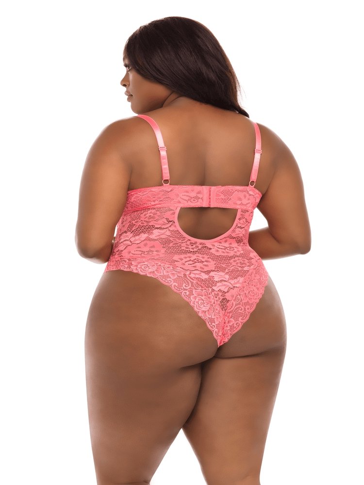 Plus size coral pink floral lace teddy with underwire cups, back keyhole and satin straps. Sensual Sinsations
