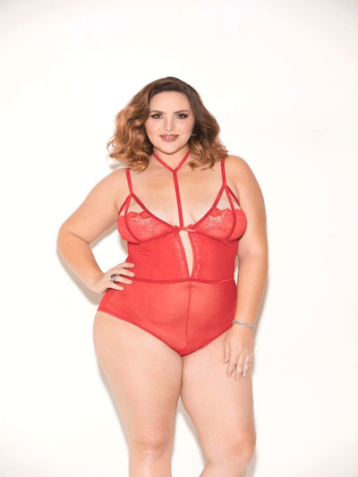 Red, mesh floral lace teddy with choker and bottom cheek cutout. Plus size lingerie.