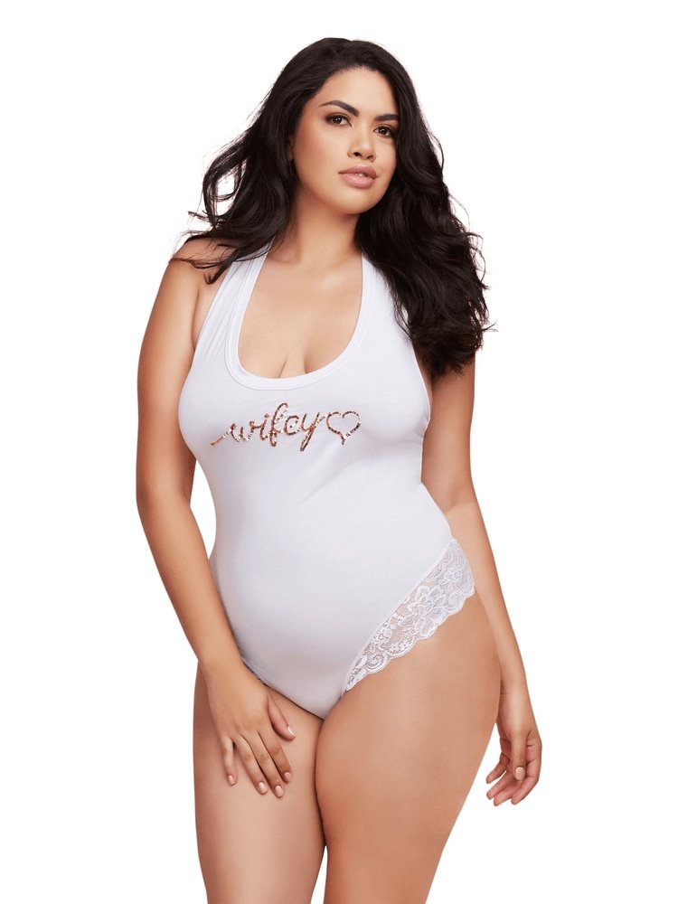 Plus size jersey knit teddy with "wifey" in metallic sequins stretch lace details