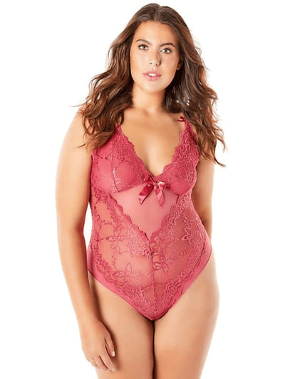 Plus size sheer floral lace and mesh teddy with satin bow accent.
