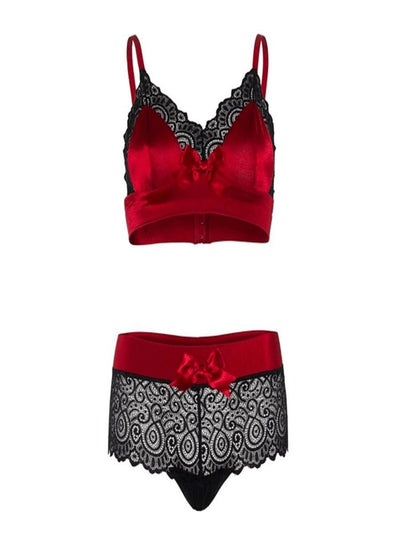 Red satin and black lace bralette and panty lingerie set