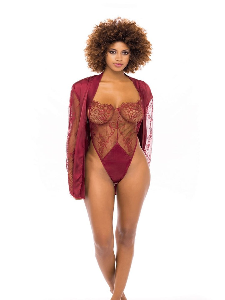 Rhubarb sheer floral lace barely there teddy with satin and lace robe lingerie set