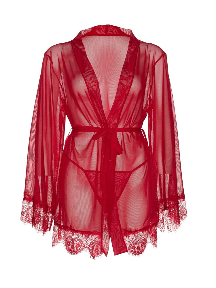 Red sheer lace robe with sash and matching g-string panty