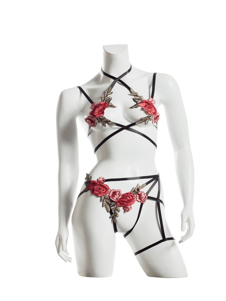 2 Piece crotchless body harness floral lingerie set