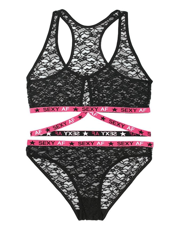 Black floral lace bralette and panty set with pink banding featuring "SEXY AF" wording. lingerie set