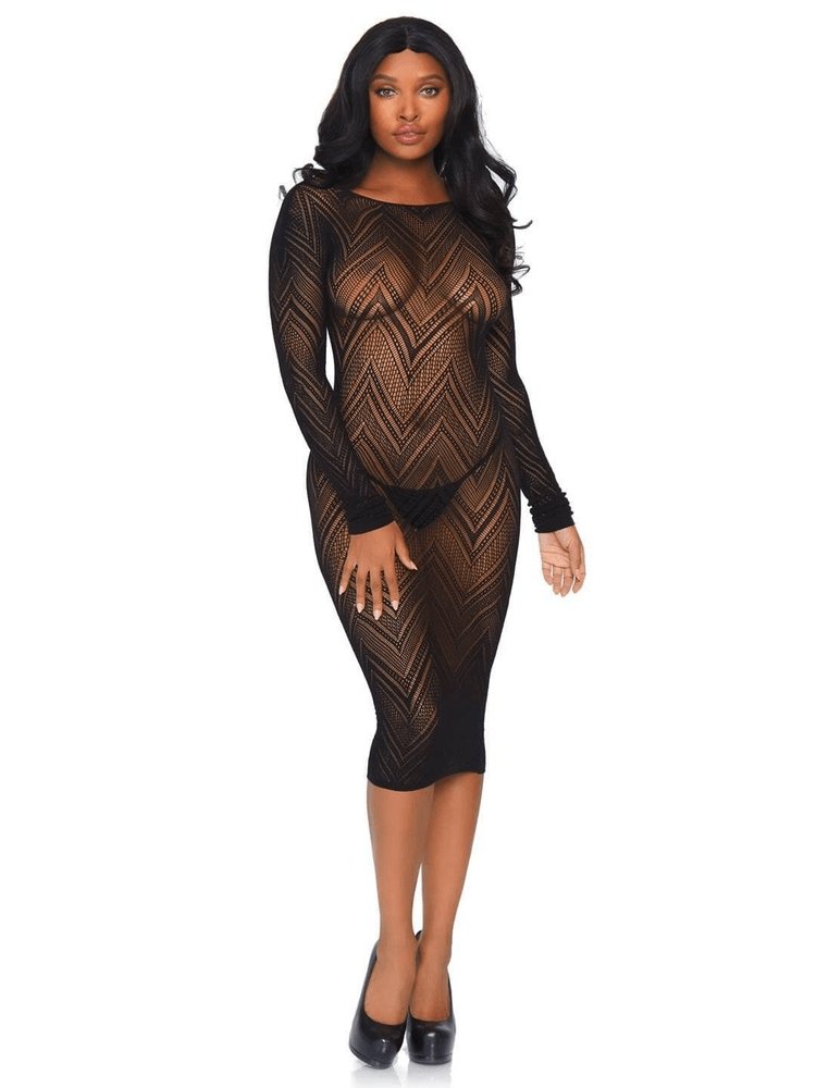 Black sheer bodycon dress with chevron pattern and long sleeves
