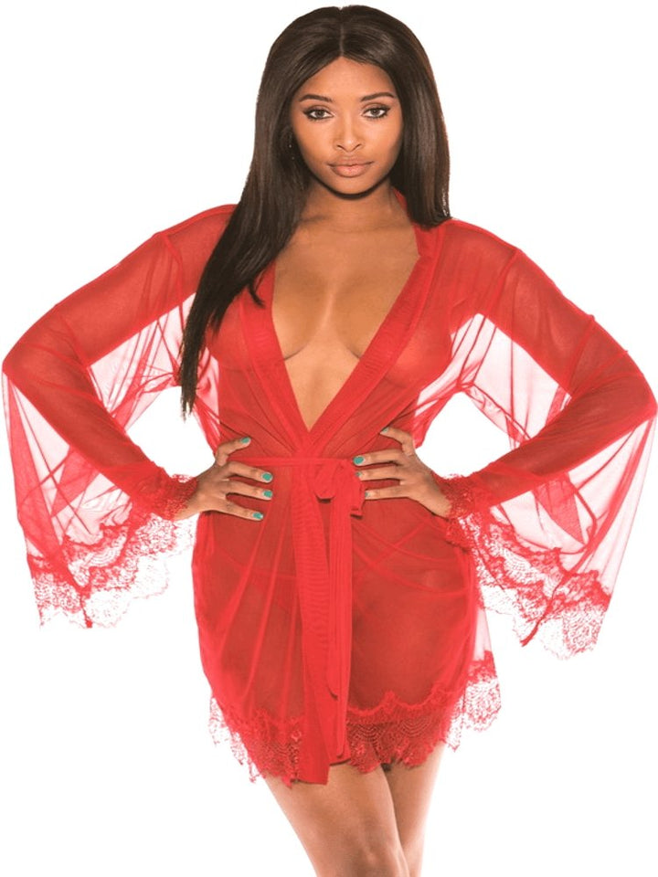 Sheer red mesh and eyelash lace robe with long bell sleeves, mesh sash and g-string panty.