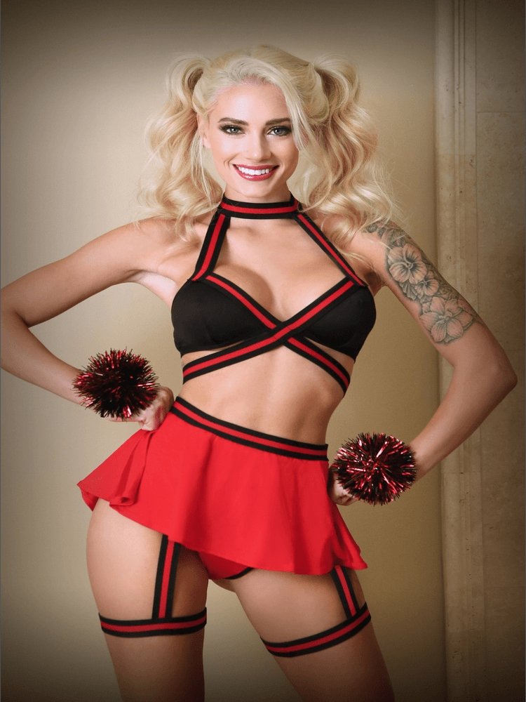 4-piece red/black bralette & mini skirt cheerleader costume, matching panty, detachable garter stays, pompom wristlets