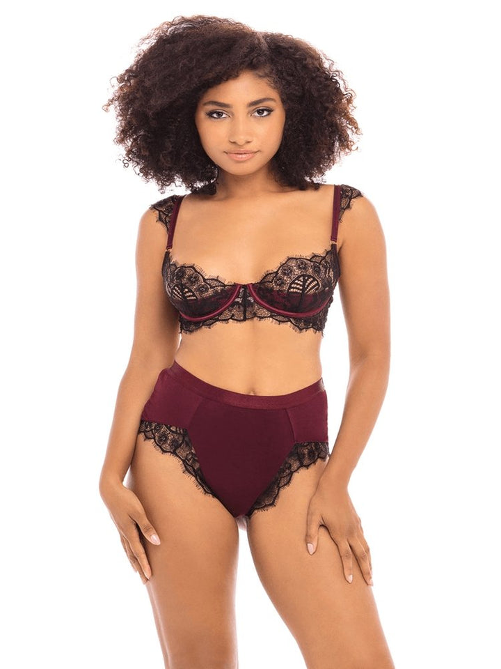 Floral lace and jersey knit two piece bra and panty set with high waist panty and satin trim