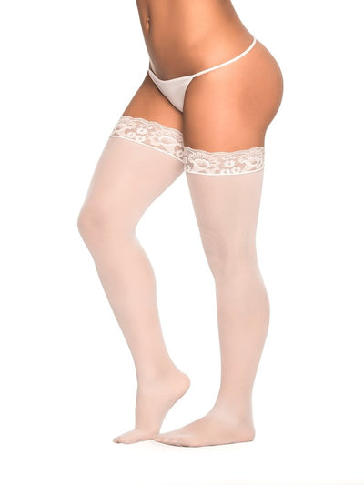 Sheer white mesh stay up thigh highs with floral lace top and inner silicone top lining 